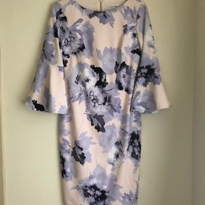 Light pink bell sleeve floral scuba knit dress
